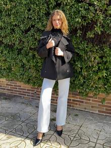 Aless PB Áo khoác trench coat hai hàng khuy thời trang và thanh lịch dành cho nữ theo phong cách Pháp Áo khoác trench coat nữ Áo khoác trench coat nữ vào mùa thu/đông - màu đen - Xem 5