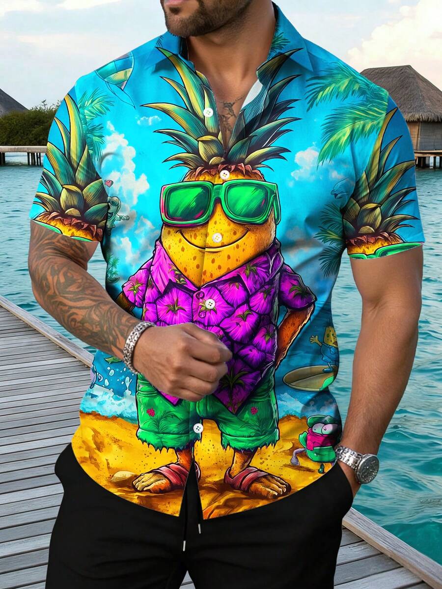 Manfinity RSRT Camisa casual de manga corta con botones delanteros y estampado de moda para hombre, verano - Multicolor - Ver 1