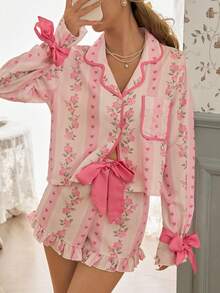 CottageSlumber 浪漫乡村花卉叶子爱心条纹印花翻领开衫蝴蝶结设计女士睡衣套装 - 彩色 - 查看 5