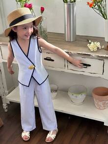 SHEIN 少女夏季优雅休闲通勤日常金属扣短袖露脐上衣和高腰阔腿裤两件套 - 藍色 - 查看 1