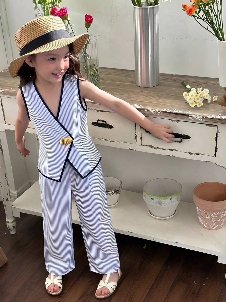 SHEIN 少女夏季优雅休闲通勤日常金属扣短袖露脐上衣和高腰阔腿裤两件套 - 藍色 - 查看 1