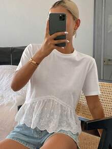 DAZY Women's Solid Color Crew Neck Short Sleeve Lace Patchwork Casual Summer Top - White - View 3