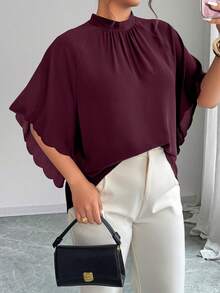 Elenzga Blusa holgada de cuello redondo, mangas fruncidas y bajo ondulado para mujer talla grande, primavera/verano - Burdeos - Ver 4