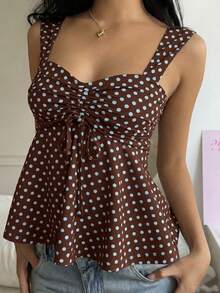 SHEIN CovetEZ Áo hai dây buộc eo xếp ly màu nâu sô cô la và chấm bi xanh dương dành cho nữ - Màu nâu Sô-cô-la - Xem 2