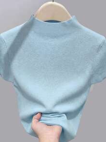 Suéter casual de mujer de cuello redondo y manga corta de unicolor - Azul Agua - Ver 2