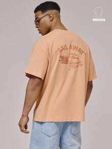 Musero Oversized Crew Neck Short Sleeve Dropped Shoulder "SAIL AWAY" Graphic Print Large Back Graphic Print Tshirt Spring Summer Essentials Holiday - Coral Orange - View 1