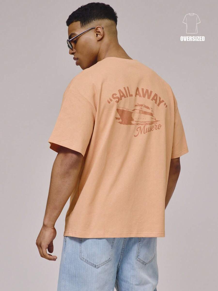 Musero Oversized Crew Neck Short Sleeve Dropped Shoulder "SAIL AWAY" Graphic Print Large Back Graphic Print Tshirt Spring Summer Essentials Holiday - Coral Orange - View 1