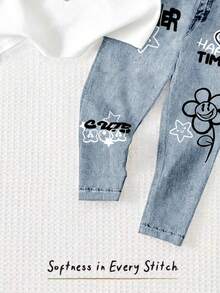 Denim-Look Cartoon Face & Handpainted Graphic Loose T-Shirt And Leggings Set,Soft Comfortable Summer Back-To-School Fashion Outfit For Girls,School - Multicolor - View 3