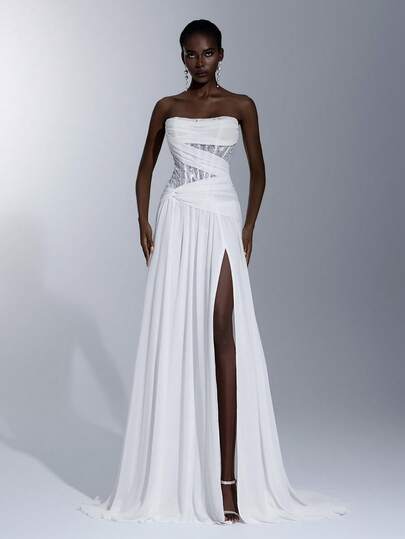 Elitara Elegant White Luxury 3D Sequins Embroidered Chiffon Bandeau Mermaid Waist Twist High Slit A-Line Maxi Dress, Suitable For Weddings, Red Carpet Events, Bridal Gown