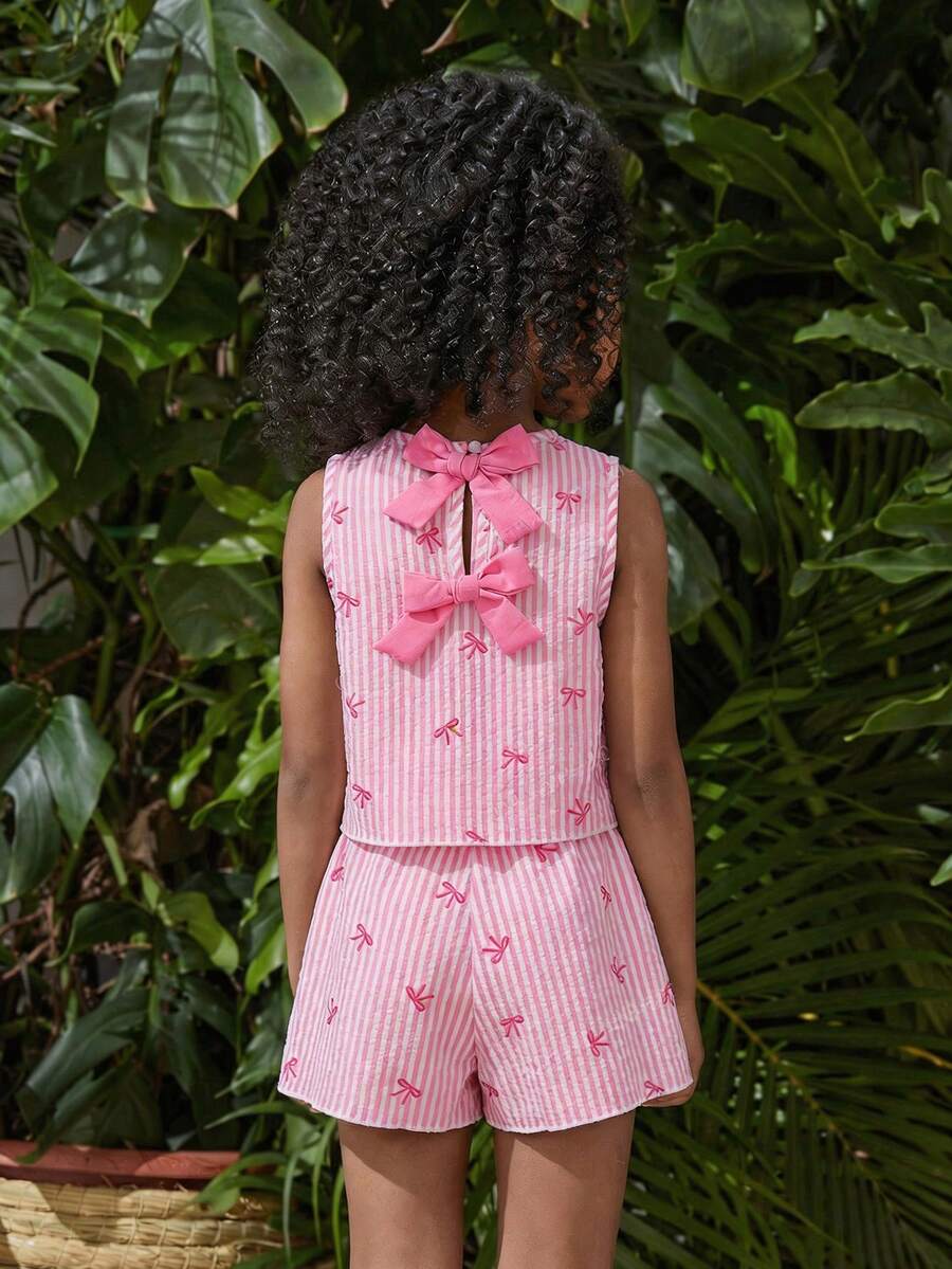 SHEIN 2pcs Young Girl Woven Solid Color Round Neck Sleeveless Top And Loose Woven Solid Color Shorts Set - Pink - View 1