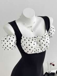 Elamini 女士夏季休闲简约波点拼接花瓣袖系带连体裤 - 黑色 - 查看 1