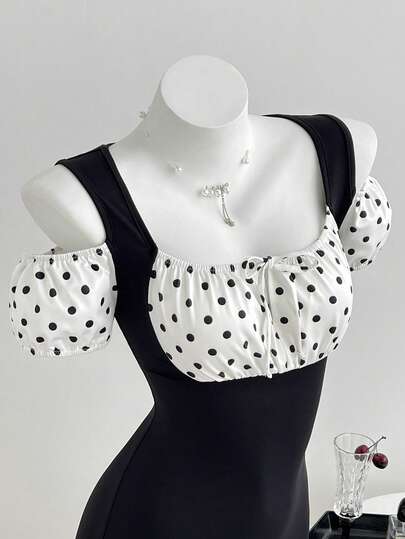 Elamini 女士夏季休闲简约波点拼接花瓣袖系带连体裤