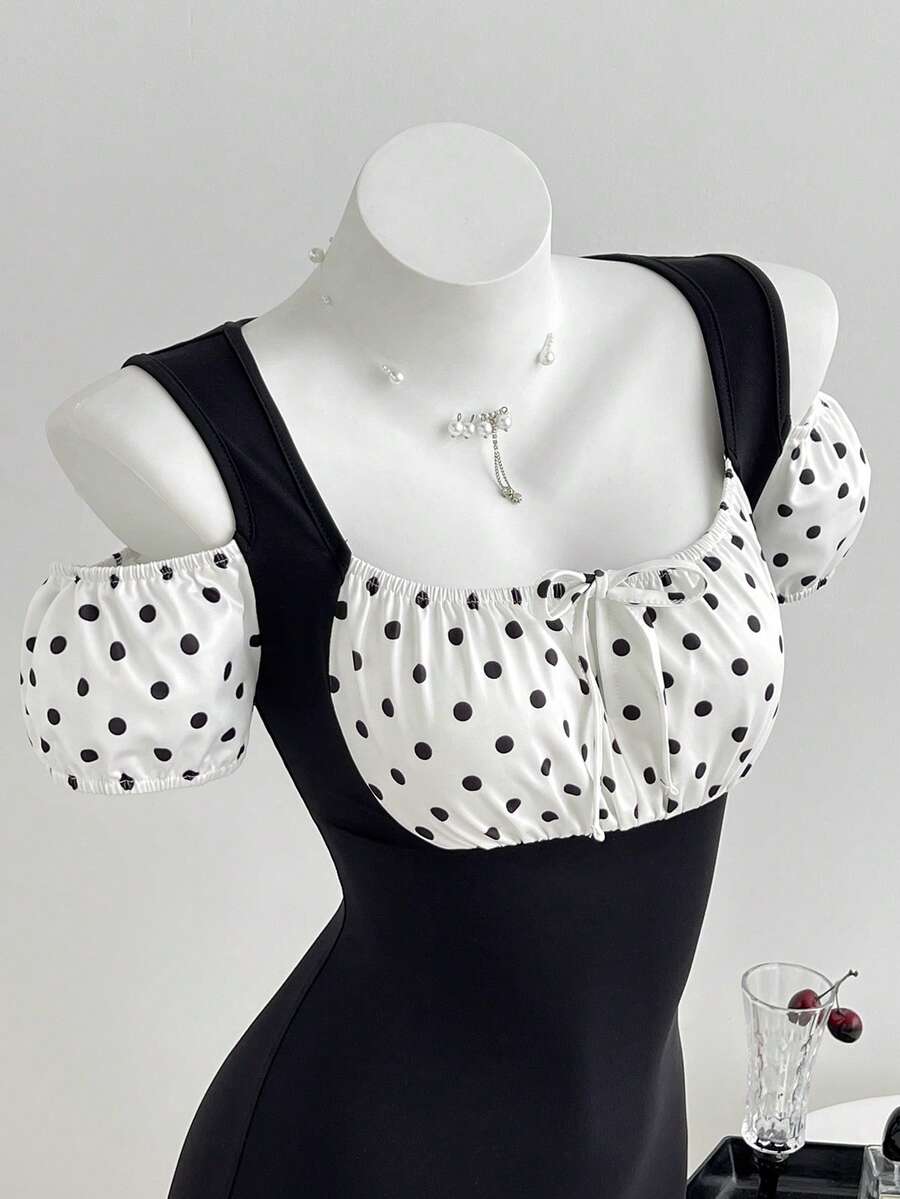 Elamini 女士夏季休闲简约波点拼接花瓣袖系带连体裤 - 黑色 - 查看 1