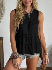 LanaWest Loose Fit Women's Solid Color Round Neck Ruffle Trim Vest, Suitable For Vacation, Office, Daily Wear, Western Style, Bohemian Style, Babydoll - Black - View 3