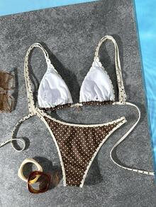 Swim Vcay 2026 Spring/Summer Adjustable Strap Bikini Set, Yellow Base With Brown Dots + Brown Base With Yellow Dots, Criss-Cross Back, High Cut Sides, Sweet Style For Women Bikinis Set For Women Brown Bikini 2 Piece Set Swimsuit Polka Dot Bikini - Multicolor - View 6