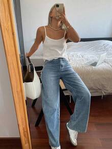 DAZY Jeans casuales estilo coreano lavados con lazo para mujer - Azul - Ver 10