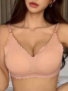 DAZY 无缝波浪边可调节细肩带轻盈褶皱女士文胸 - 粉色 - 查看 4