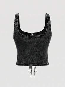 SHEIN MOD Plus Size Women's Summer Dark Blue Washed Denim Crop Top,Sleeveless Criss-Cross Rivet Punk Rock Sequin Black Tops,Night Out Club Rave Outfits - Dark Grey - View 3