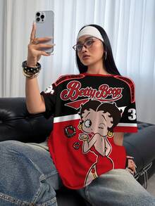 Betty Boop x SHEIN 大码印花圆领短袖T恤 - 白色 - 查看 6