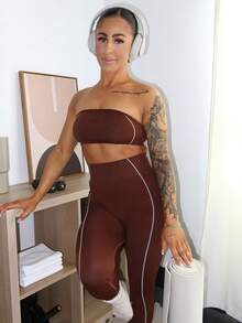 SAYEHFBABY Conjunto deportivo sin costuras a rayas rosa, conjunto de top corto y leggings marrón, conjunto de dos piezas marrón, conjunto de yoga marrón, conjunto de entrenamiento sin tirantes, conjunto de entrenamiento sin costuras, conjunto de dos piezas marrón, conjunto de entrenamiento sin tirantes marrón, conjunto atlético marrón, conjunto de mallas marrón para mujer, conjunto de activewear sin tirantes marrón, conjunto de mallas de dos piezas marrón - Café integral - Ver 4