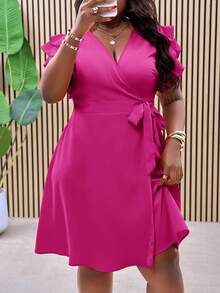 Slaydiva Plus Size Red Double Ruffle Wrap-Style Side Tie Waist A-Line Summer Vacation Dress - Pink - View 6