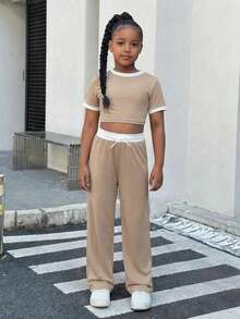 Tween Girls Knit Patchwork Crew Neck Short Sleeve Sports Set - Khaki - View 5