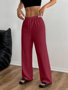 SHEIN Unity 女士纯色弹力腰抽绳直筒宽松休闲裤 - 酒紅色 - 查看 6