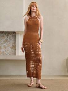 Arave 女士修身露背流苏系带镂空菱形针织连衣裙，优雅适合约会和各种场合 - 棕色 - 查看 10