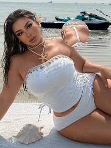 Swim Vcay Bộ bikini nữ cỡ lớn mùa xuân/hè 2026 mới, chất liệu vải họa tiết vỏ sò, có dây rút, kiểu dáng thanh lịch, kèm quần bikini tam giác thông thường, thích hợp cho kỳ nghỉ hè, tiệc tùng, thường ngày. - trắng - Xem 1