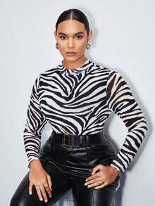 Maija Plus Size Women Zebra Striped Turtleneck Long Sleeve Mesh Top, Spring To Summer Spring Valentine's Day Party Beach Wedding Vacation Casual Women Party Top Beach Summer Holiday Beach Vacation Summer Going Out Graduation Easter Festival Dresses Beach Summer Holiday Beach Vacation Summer Going Out Graduation  Casual Holiday Beach Cruise Travel  Romantic, Fashion, Versatile; Suitable For Summer Vacation, Comfortable, Bohemian Style, Beach Wear, Simple Daily Wear, Country Style, Essential, Solid Color, Holiday Casual, Decent, Single Lady,Y2k - Black and White - View 8