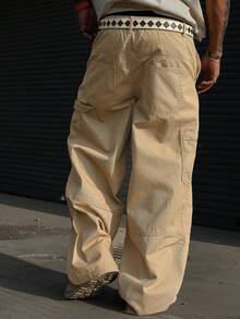 DAZY Pantalones vaqueros de estilo cargo de color caqui lavado casual para hombres - Beis - Ver 2