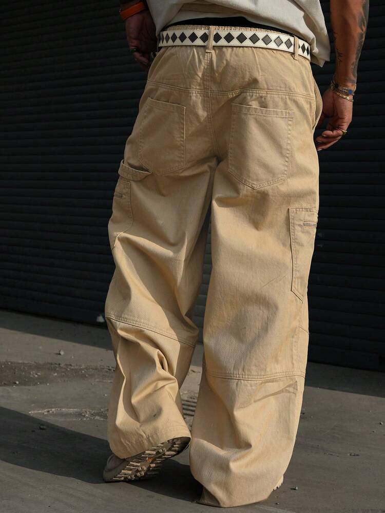 Spring Casual Washed Khaki Cargo Style Men's Jeans