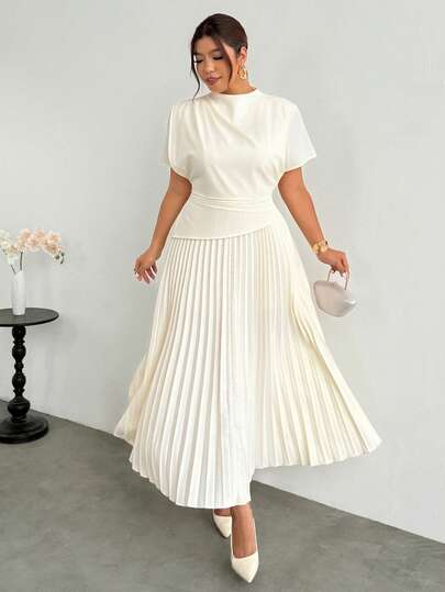 Firerie Minimalist Apricot Office Outfit Small Stand Collar Cap Sleeve Cinched Waist Ruched Flared Midi Dress For Women