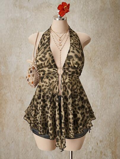 SHEIN ICON Áo hai dây dệt kim kiểu babydoll cổ yếm khoét eo, vạt bất đối xứng, dáng rộng, phong cách Y2K, cỡ lớn.