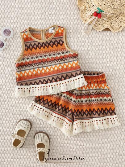 SHEIN Bộ 2 món cho bé gái mùa hè, gồm áo không tay cổ tròn kẻ sọc nhiều màu sắc có tua rua và quần short rộng kẻ sọc nhiều màu sắc có tua rua, thích hợp cho du lịch, dạo phố, nghỉ lễ, đi biển, dã ngoại, dự tiệc, lễ hội, phong cách dễ thương, ngọt ngào, đồng quê, du mục, đường phố, vui chơi, lễ hội.