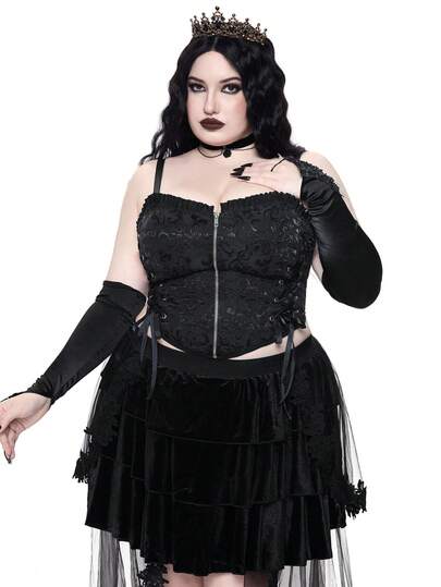 ROMWE Áo corset phong cách Gothic thanh lịch cổ điển với họa tiết dập nổi, đai nịt eo, dây đeo có thể điều chỉnh, cỡ lớn.