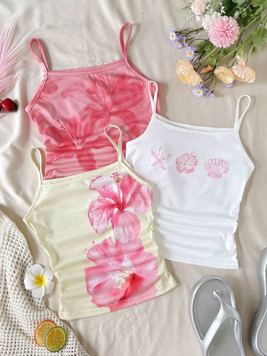 SHEIN 3件套 少女修身休闲运动吊带背心基础款上衣 - 彩色 - 查看 1