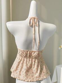 Elamini Yellow Ditsy Floral Hollow V-Neck Cute Sexy Backless Camisole Crop Top, Spring/Summer - Coral Pink - View 2