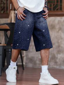 Manfinity EMRG Pantalones cortos vaqueros de pierna ancha con ajuste holgado y adornos de diamante de imitación para hombre - Azul lavado oscuro - Ver 6