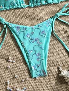 Costavie Swim Mod-D 两件套彩色亮片特殊面料三角罩杯文胸和侧系带泳裤性感比基尼套装，春夏款绿松石色比基尼，蓝绿色比基尼，闪光比基尼，蓝绿色系带比基尼套装，亮片比基尼，假日绿松石色亮片比基尼，蓝绿色亮片比基尼，女士比基尼套装，女士泳衣，全包覆式女士泳装套装，女士泳衣，女士两件套 - 薄荷藍 - 查看 4