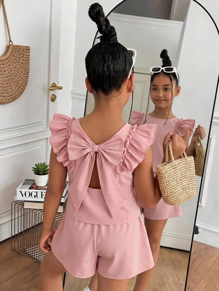 Atasan Kasual Anak Perempuan Warna Polos, Leher V, Lengan Berkerut, Tanpa Punggung, dengan Hiasan Pita yang Dapat Dilepas, Cocok untuk Aktivitas Sehari-hari dan Liburan Musim Panas - Berwarna merah muda - View 1