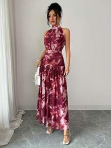 Elenzga Women Elastic Mesh Abstract Print Halter Backless Sleeveless Ruched A-Line Maxi Dress,Dusty Pink,Summer,Elegant,Vacation,Chestnut Color,Retro Casual - Maroon - View 7