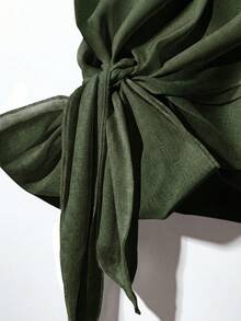 SHEIN Clasi Bộ đồ nữ mùa hè thoải mái, đa năng gồm áo sơ mi thắt nút và quần ống rộng. - xanh quân đội - Xem 5