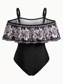 Swim Oasis Traje de baño de una pieza con estampado floral y hombros descubiertos, con volantes en el bajo, talla grande un conjunto a juego con pareo y falda para vacaciones, tallas grandes para mujer - Blanco y Negro - Ver 5