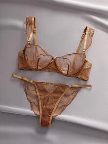 2 件套女士黑色透明刺绣文胸套装，无钢圈无衬垫内衣套装 - 咖啡棕 - 查看 1