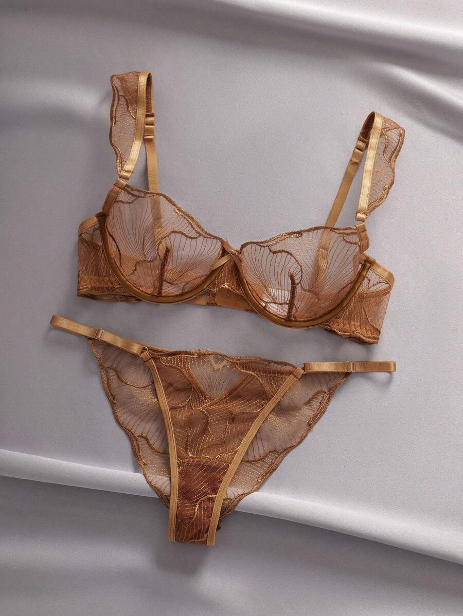 2 件套女士黑色透明刺绣文胸套装，无钢圈无衬垫内衣套装 - 咖啡棕 - 查看 1