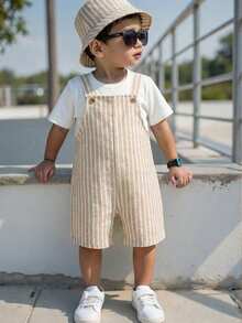 SHEIN Bộ quần yếm và mũ tai bèo kẻ sọc mùa hè cho bé trai/bé gái, trang phục thường ngày thoải mái ở nhà, đi chơi, đi biển. - Nhiều màu - Xem 7