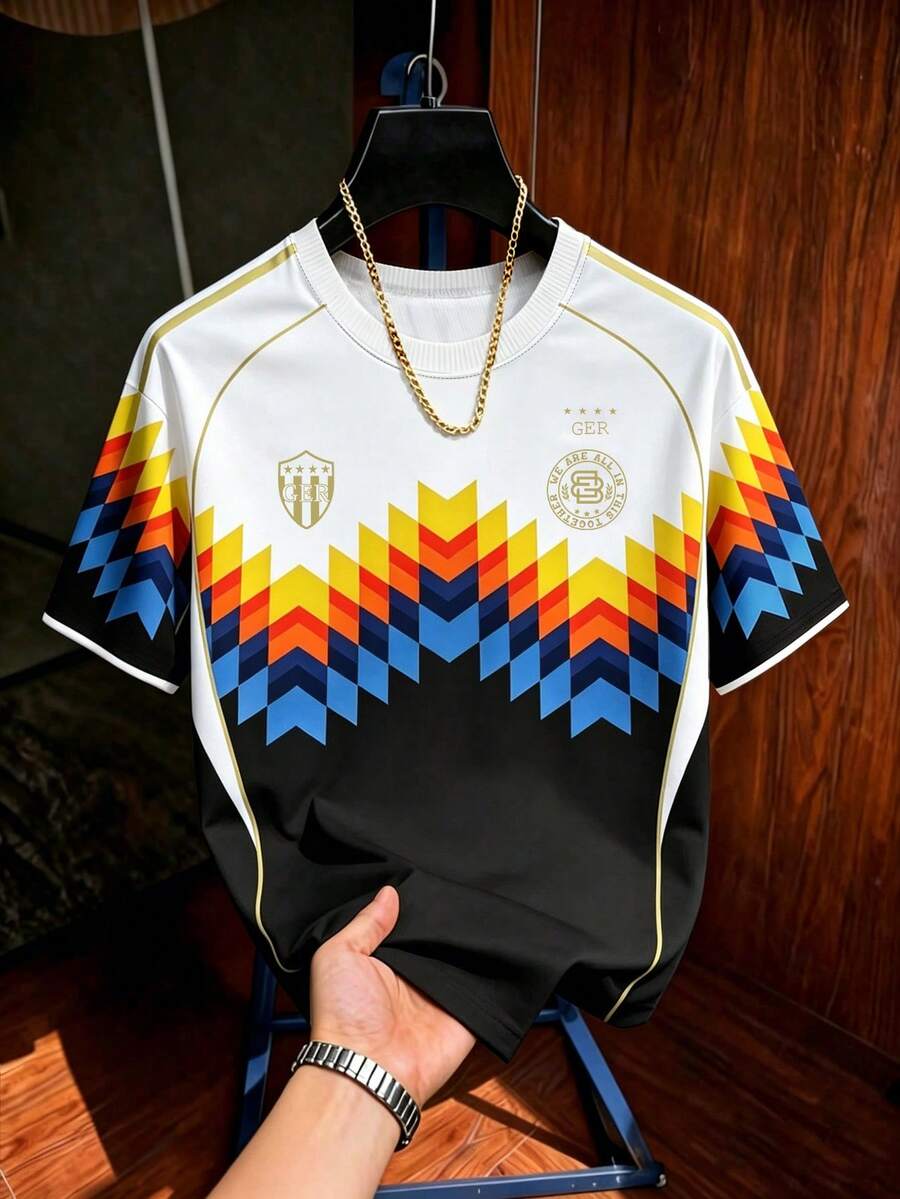 Aesthetic Post Football Soccer Style Serrated Print Short Sleeve Soccer Jersey Men's Graphic T-Shirt Graphic T-Shirt Men's Fashionable Sports Jacket Men's Soccer/Football T-Shirt Men Shirt Men Tops World Cup Shirts - Multicolor - View 1