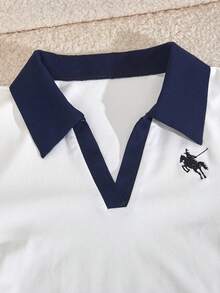 Teenage Girls' Casual Navy Sport Set,Summer Graduation Back-To-School Outfit,Polo Collar Contrast Stitching Top&Wide Leg Drawstring Pants,2pcs Outfit - Multicolor - View 3