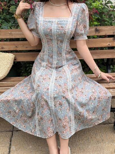 Feyla Women's Square Neck Petal Sleeve Ditsy Floral Mid-Length Dress, Summer